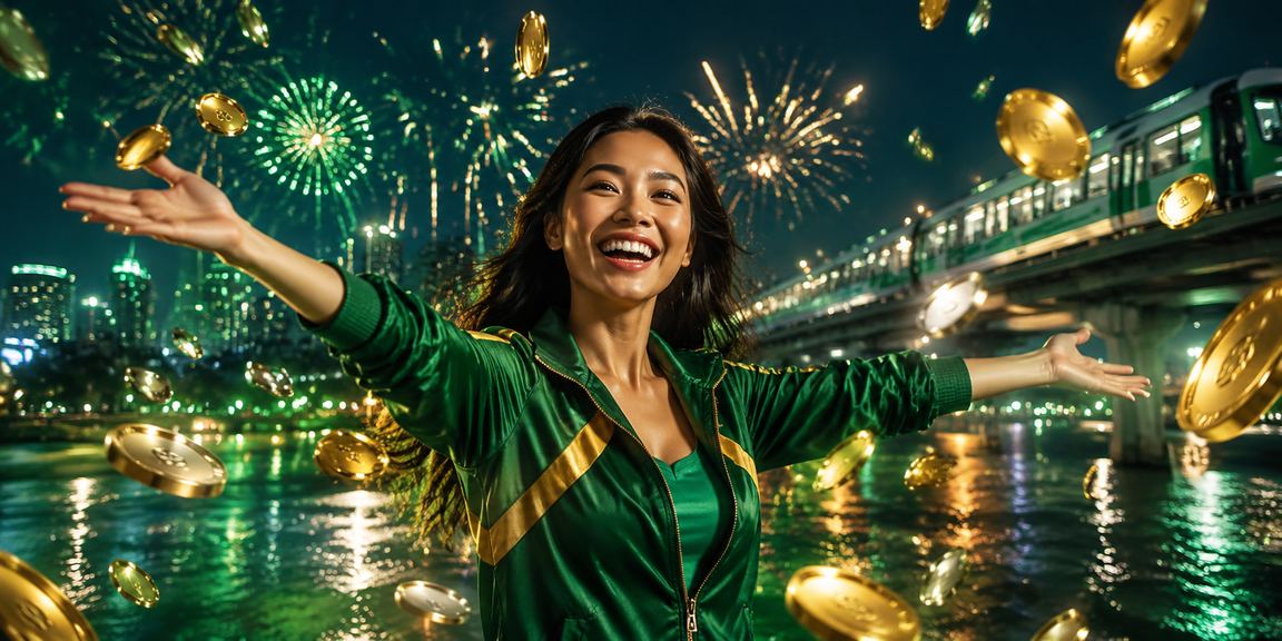 Suasana festival permainan slot online yang meriah dengan lampu neon dan pemain aktif